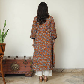 Brown - Kalamkari Printed Cotton A-Line Long Kurta with Patchwork 67
