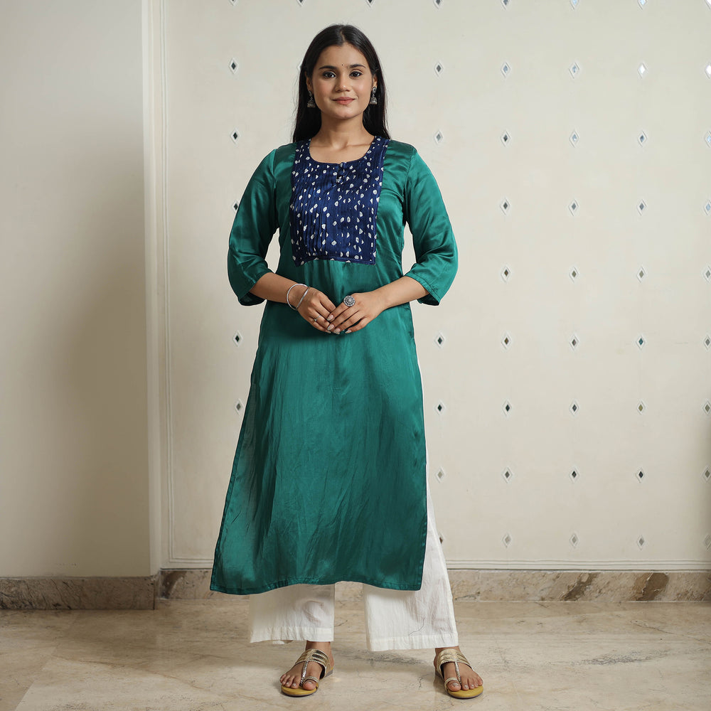 Green - Plain Modal Silk Straight Kurta with Bandhani Pintuck Patchwork 03