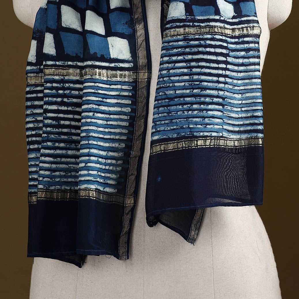Blue - Pipad Hand Block Print Natural Dyed Chanderi Silk Handloom Stole 24