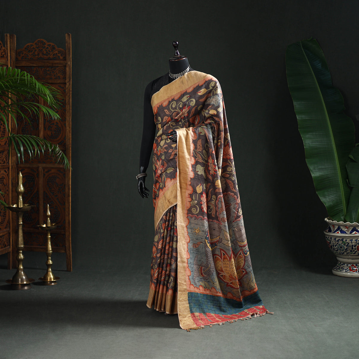 Pure Handloom Desi Tussar Silk Handpainted Srikalahasti Pen Kalamkari Saree with Zari Border 08