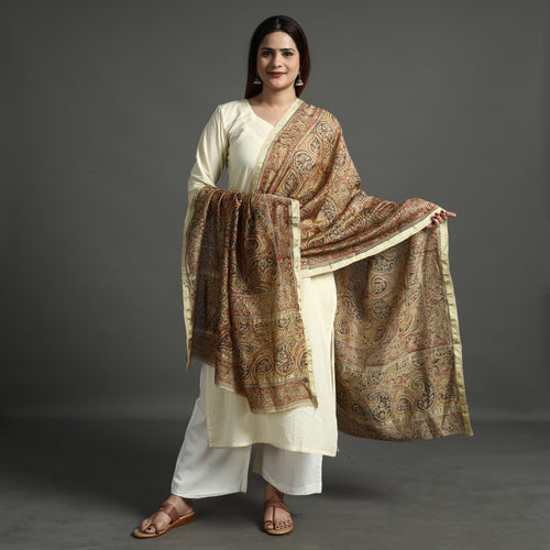 Yellow - Pedana Kalamkari Block Printed Chanderi Silk Handloom Dupatta with Zari Border 64