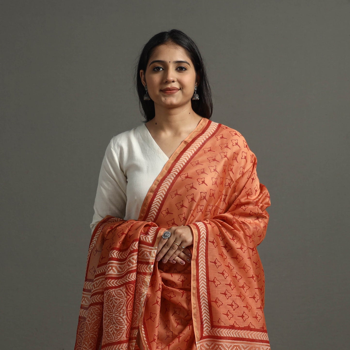 Orange - Block Printed Chanderi Silk Bagru Dupatta 68