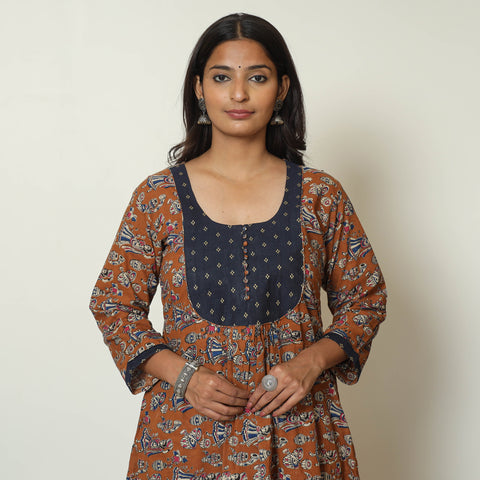 Brown - Kalamkari Printed Cotton A-Line Long Kurta with Patchwork 67