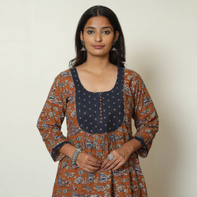 Brown - Kalamkari Printed Cotton A-Line Long Kurta with Patchwork 67