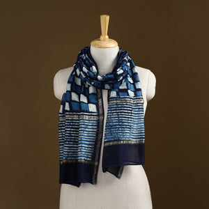 Blue - Pipad Hand Block Print Natural Dyed Chanderi Silk Handloom Stole 24