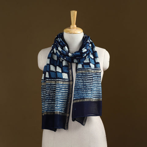 Blue - Pipad Hand Block Print Natural Dyed Chanderi Silk Handloom Stole 24