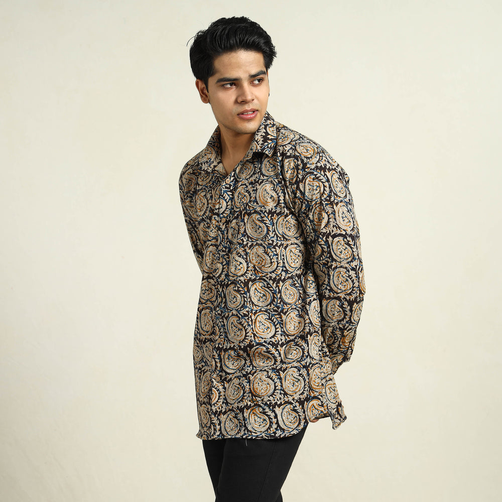 Black - Kalamkari Block Printed Cotton Men Full Sleeve Shirt 11