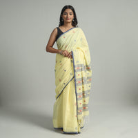 Yellow - Handloom Cotton Phulia Jamdani Saree with Tassels 09