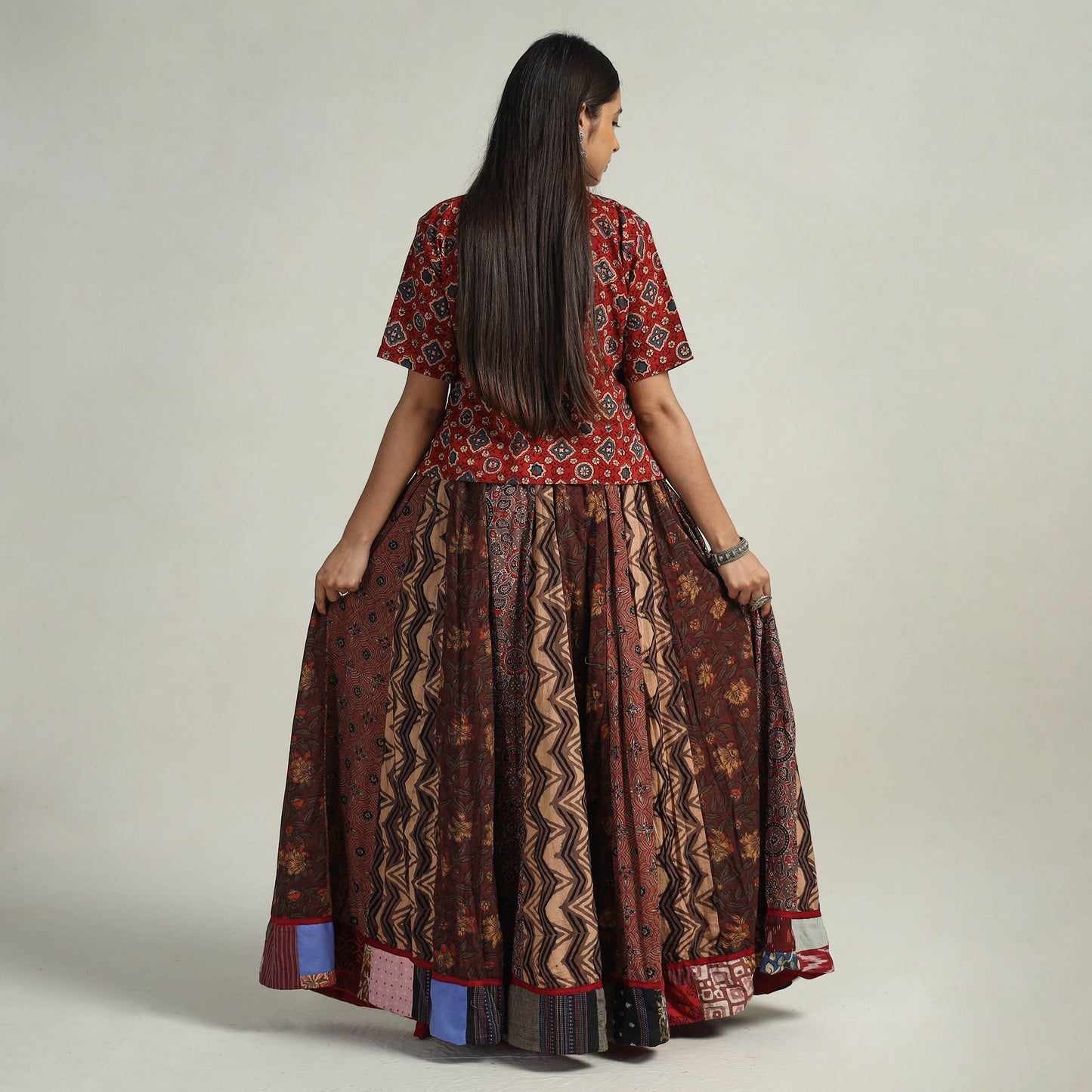 Brown - Kutch Block Printed 24 Kali Cotton Long Skirt 08