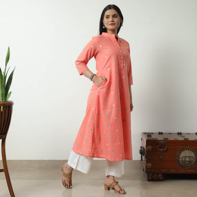 Peach - Jacquard Cotton A-Line Kurta 15