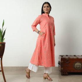 Peach - Jacquard Cotton A-Line Kurta 15