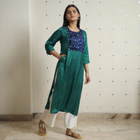 Green - Plain Modal Silk Straight Kurta with Bandhani Pintuck Patchwork 03