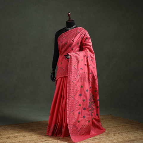 Red - Bengal Nakshi Kantha Hand Embroidered Silk Saree 53