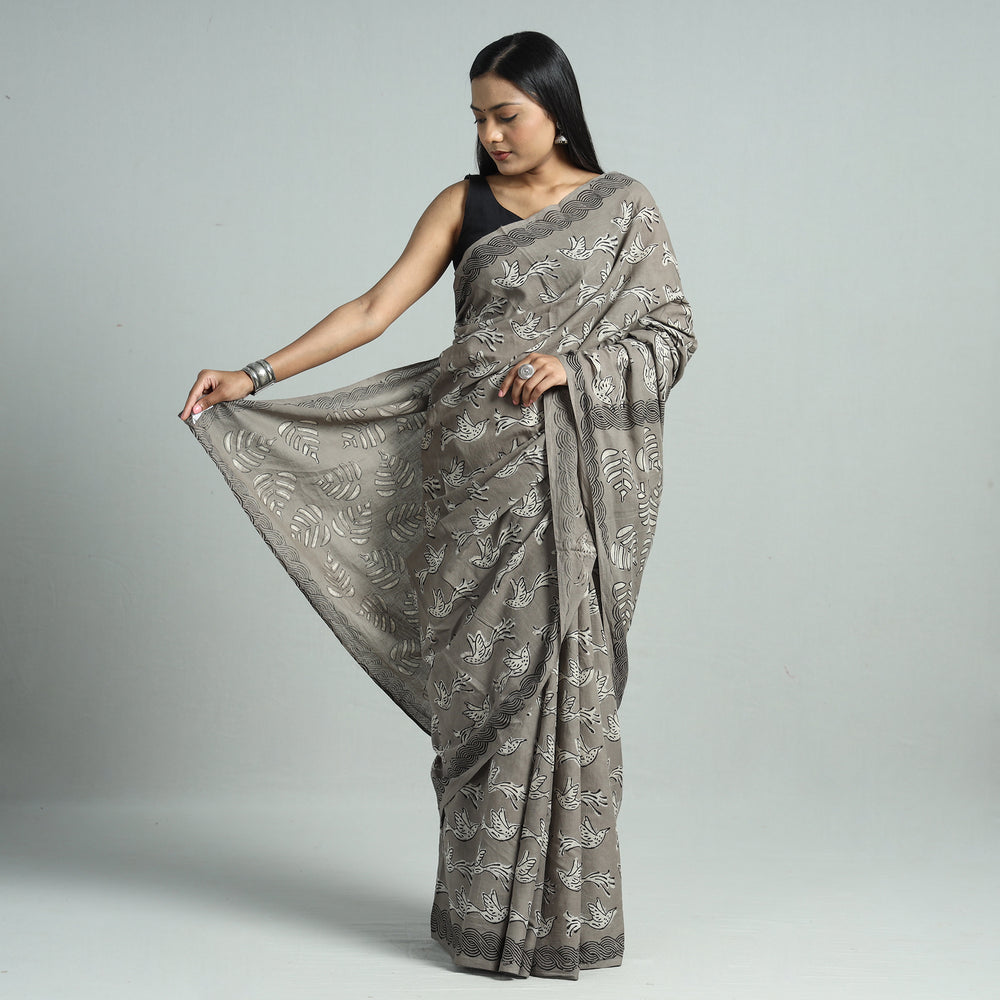 Brown - Bindaas Art Block Printed Natural Dyed Cotton Saree 28