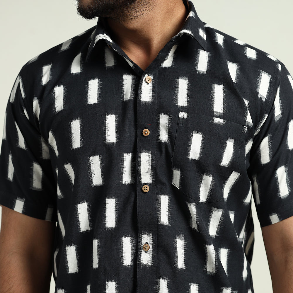 Black - Pochampally Double Ikat Handloom Cotton Men Half Sleeve Shirt 46