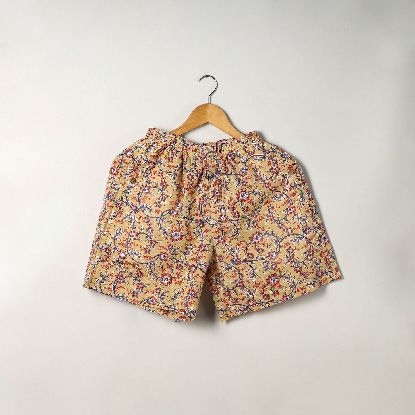 Light Yellow Block Print Cotton Unisex Sanganeri Shorts/Boxer