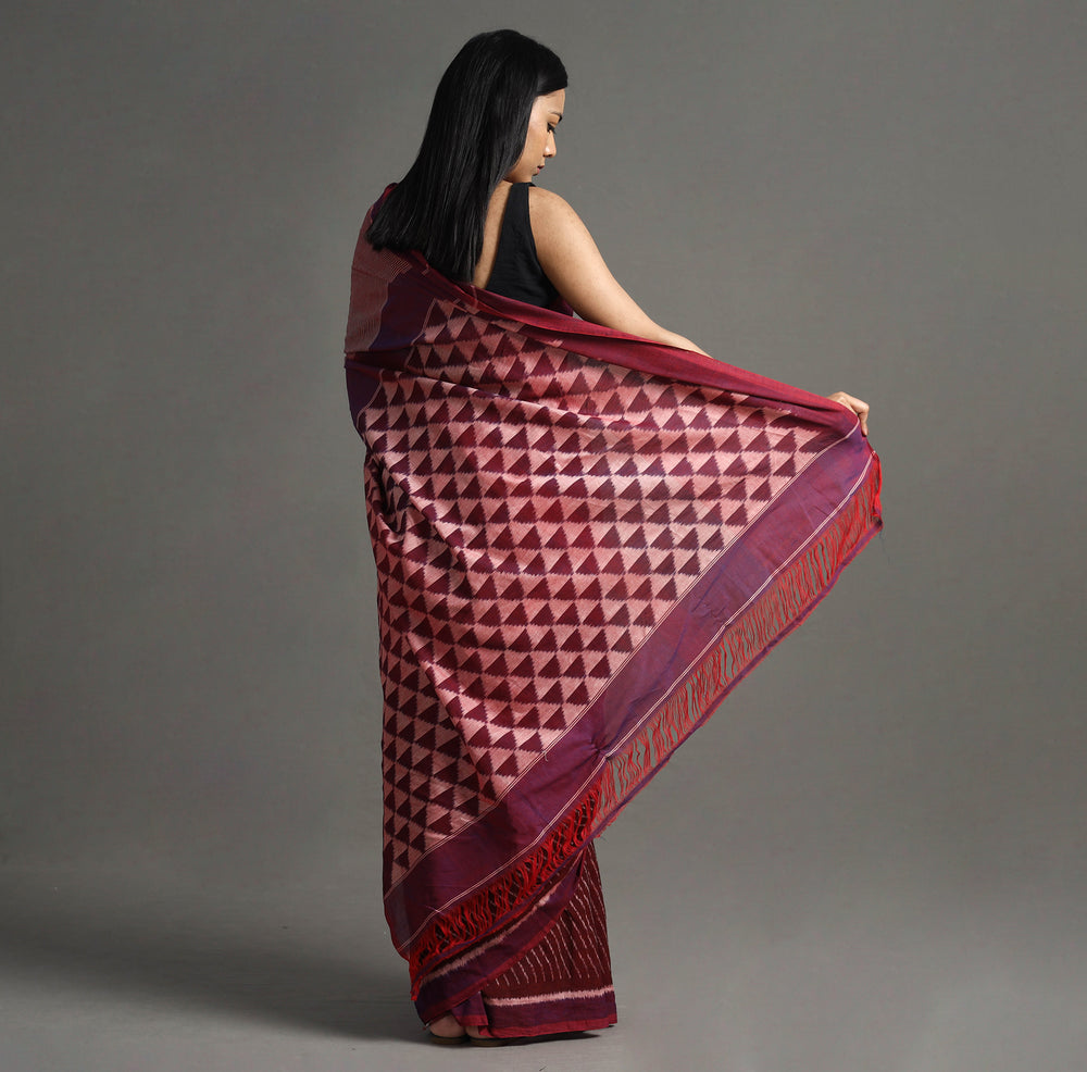 Maroon - Pochampally Ikat Weave Handloom Cotton Saree