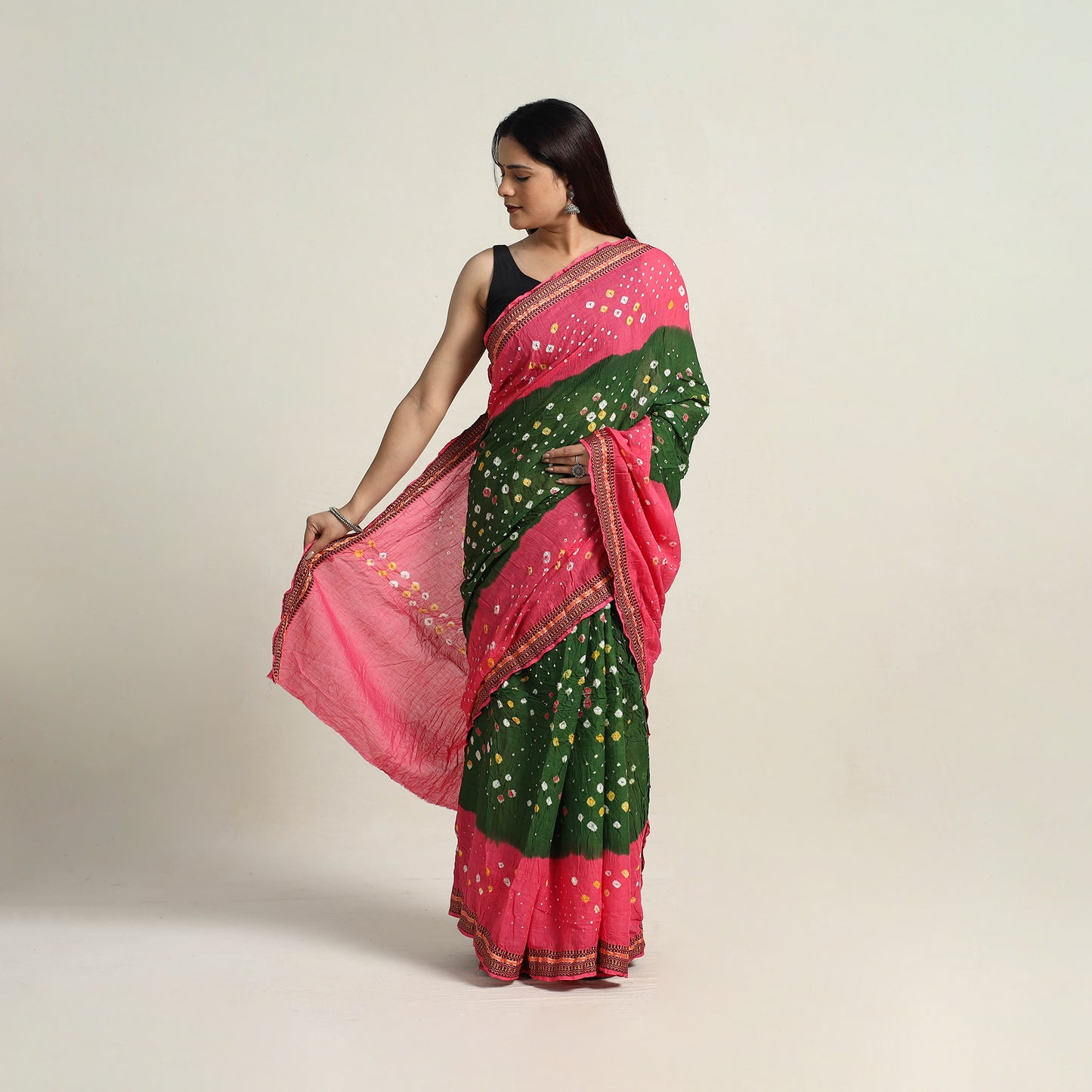 Green - Kutch Tie-Dye Cotton Bandhani Saree with Blouse Piece 23