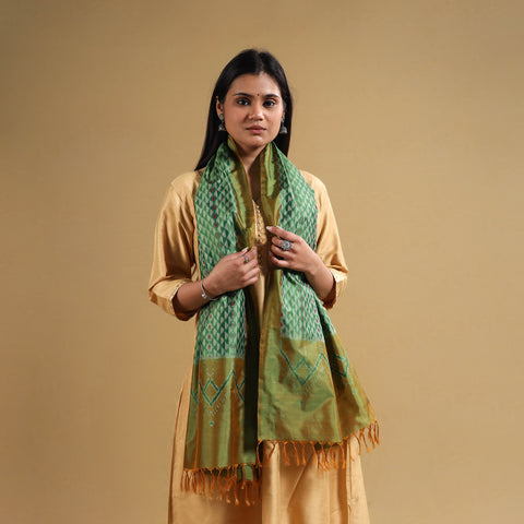 Green - Handloom Mulberry Silk Pochampally Ikat Stole 05