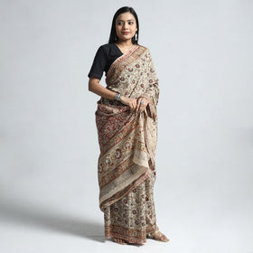Beige Pedana Block Print Cotton Kalamkari Saree