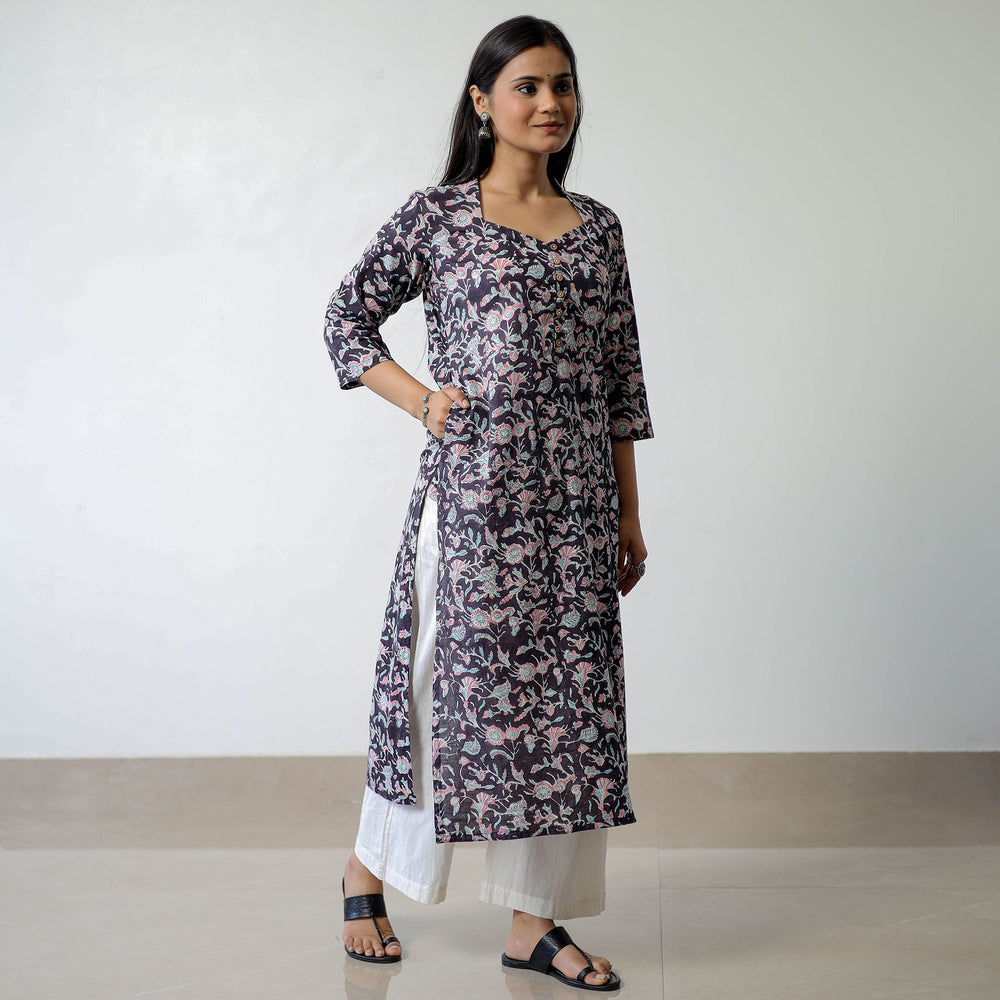 Black - Sanganeri Block Printed Cotton Straight Kurta 10