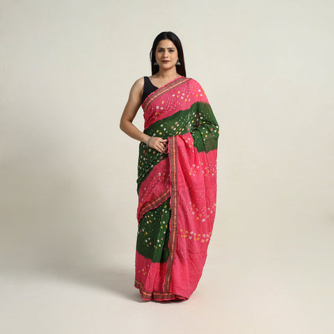 Green - Kutch Tie-Dye Cotton Bandhani Saree with Blouse Piece 23