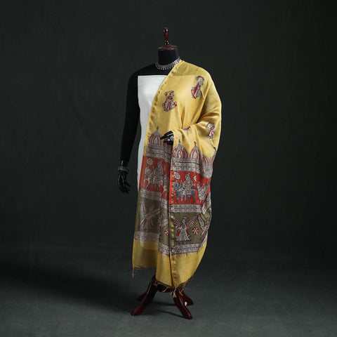 Yellow - Mata Ni Pachedi Handpainted Natural Dyed Chanderi Silk Handloom Dupatta 01