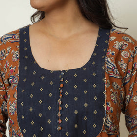 Brown - Kalamkari Printed Cotton A-Line Long Kurta with Patchwork 67