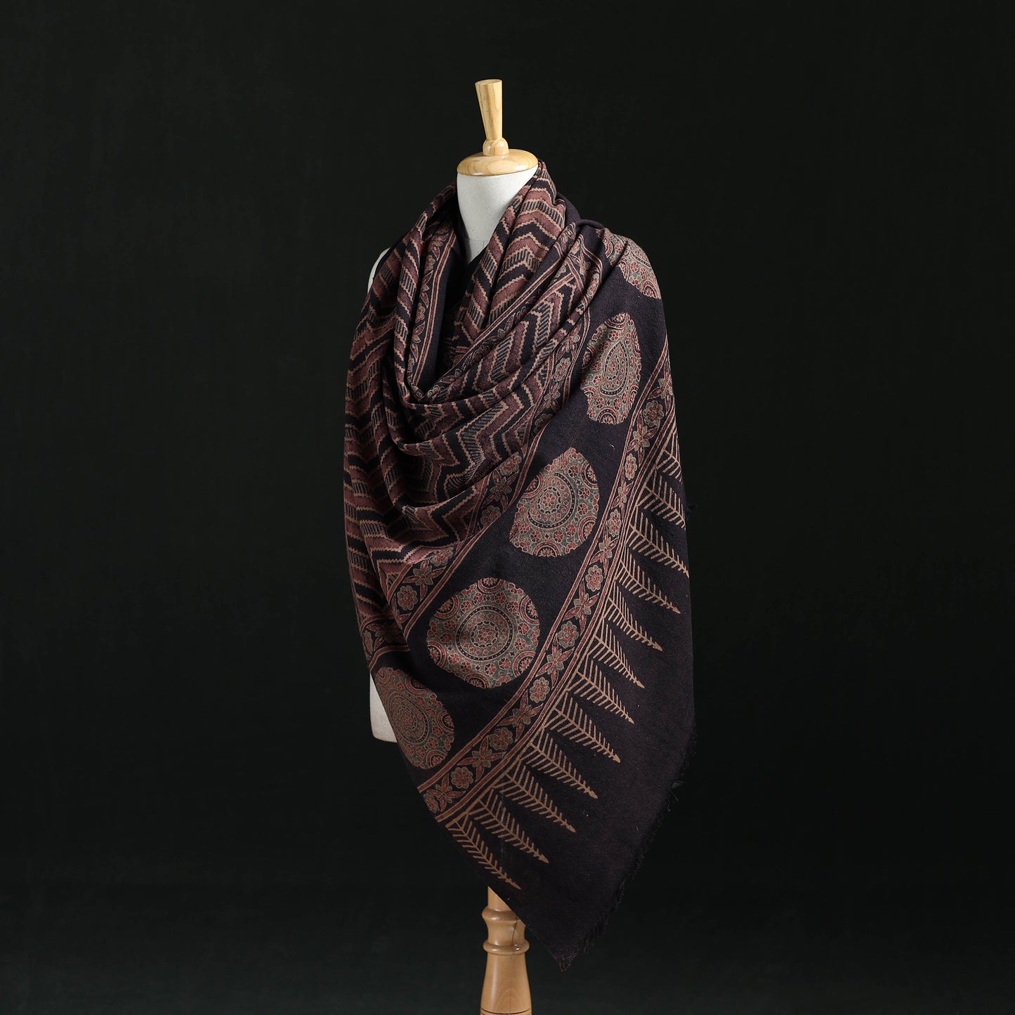 Ajrakh Hand Block Print Natural Dyed Handwoven Acrylic Wool Shawl 06