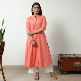 Peach - Jacquard Cotton A-Line Kurta 15