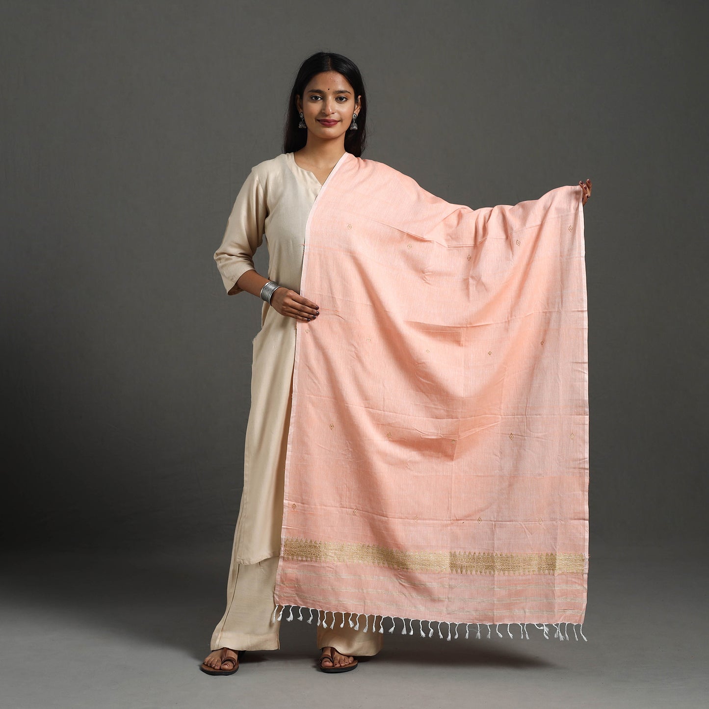 Peach - Assam Weave Thread Buti Cotton Handloom Dupatta 21