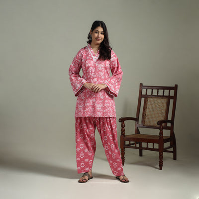 Sanganeri Hand Block Print Cotton Lace Work Short Kurta with Farshi Salwar Set for women 01