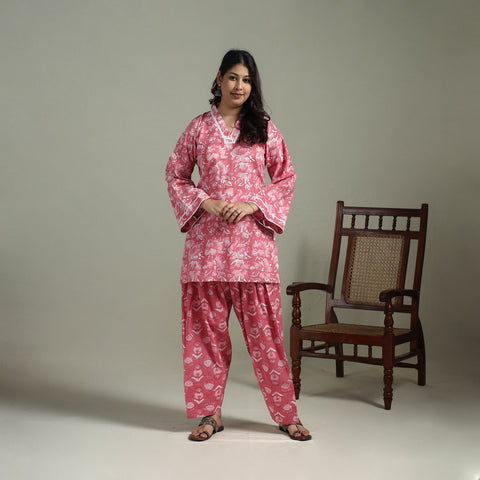 Sanganeri Hand Block Print Cotton Lace Work Short Kurta with Farshi Salwar Set for women 01