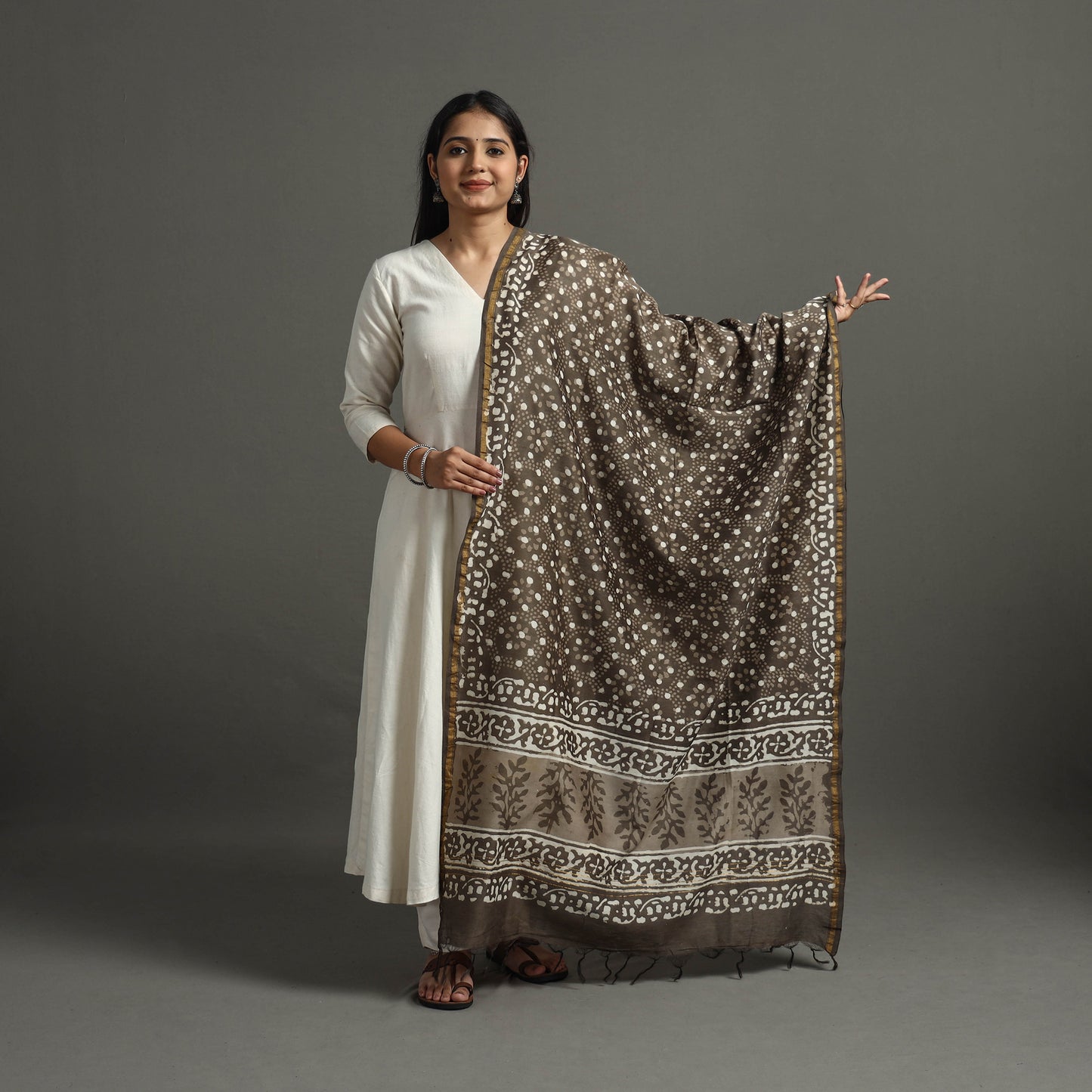 Brown - Block Printed Chanderi Silk Bagru Dupatta 69