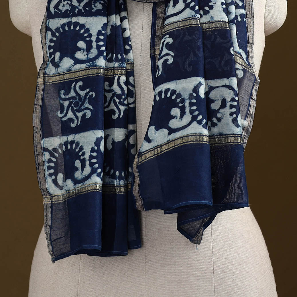 Blue - Pipad Hand Block Print Natural Dyed Chanderi Silk Handloom Stole 25
