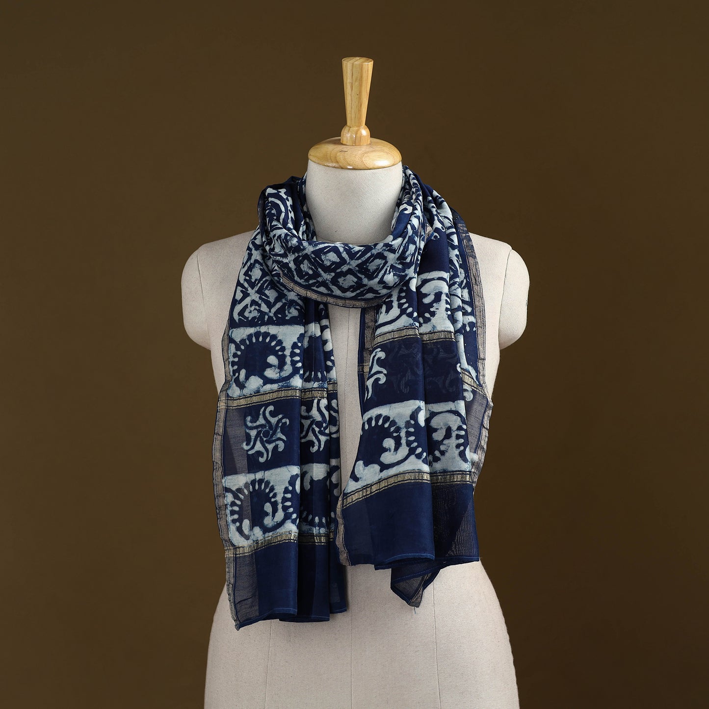 Blue - Pipad Hand Block Print Natural Dyed Chanderi Silk Handloom Stole 25