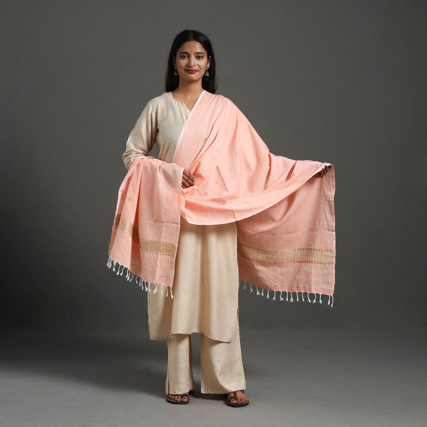 Peach - Assam Weave Thread Buti Cotton Handloom Dupatta 21