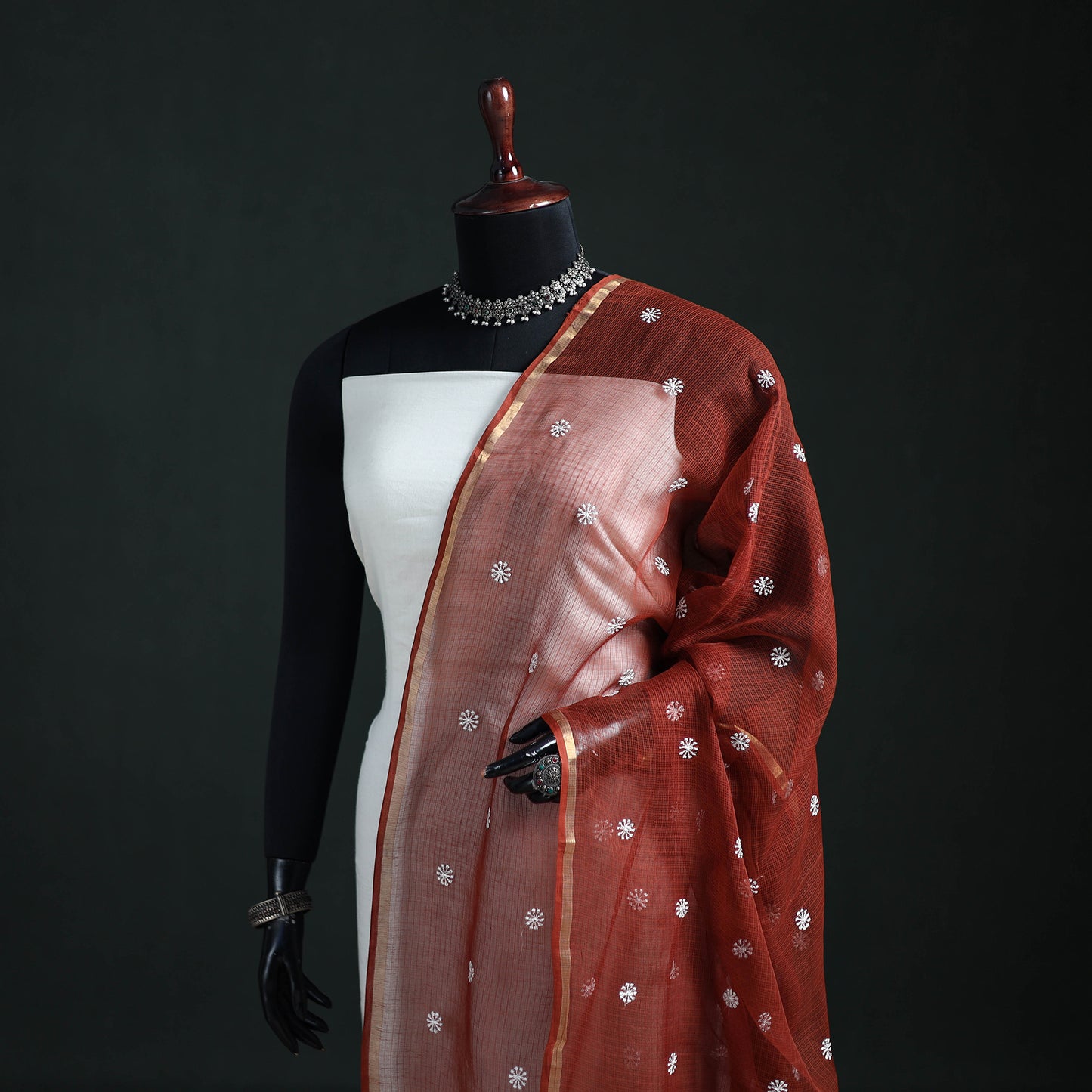 Kota Doria Cotton Embroidered Plain Dupatta 04