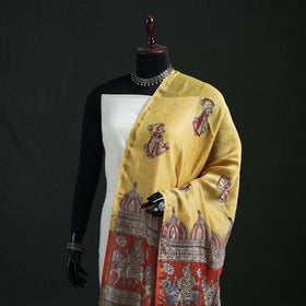 Yellow - Mata Ni Pachedi Handpainted Natural Dyed Chanderi Silk Handloom Dupatta 01