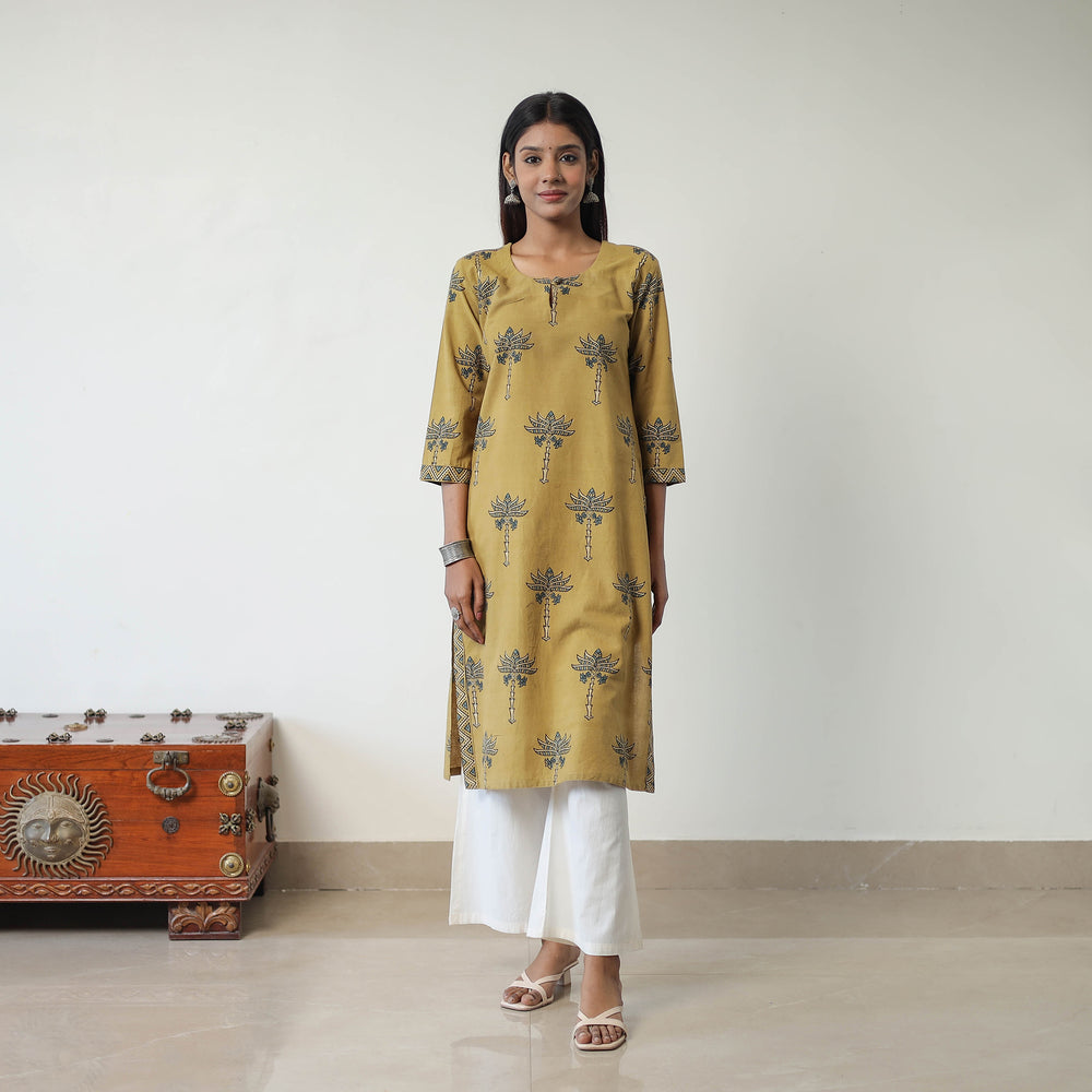 Yellow - Block Printed Cotton Straight Ajrakh Kurta 09