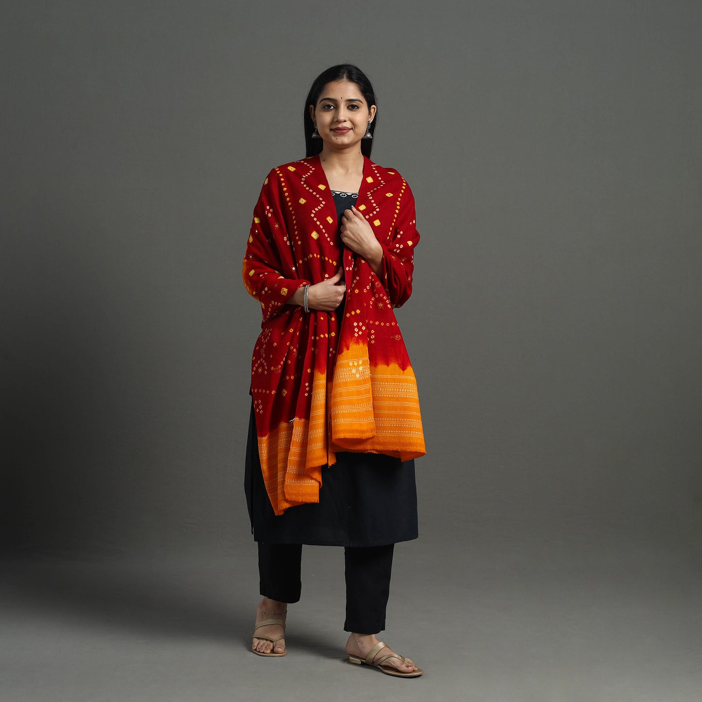 Red - Mirror Work Handwoven Bagida Bandhani Wool Shawl 03