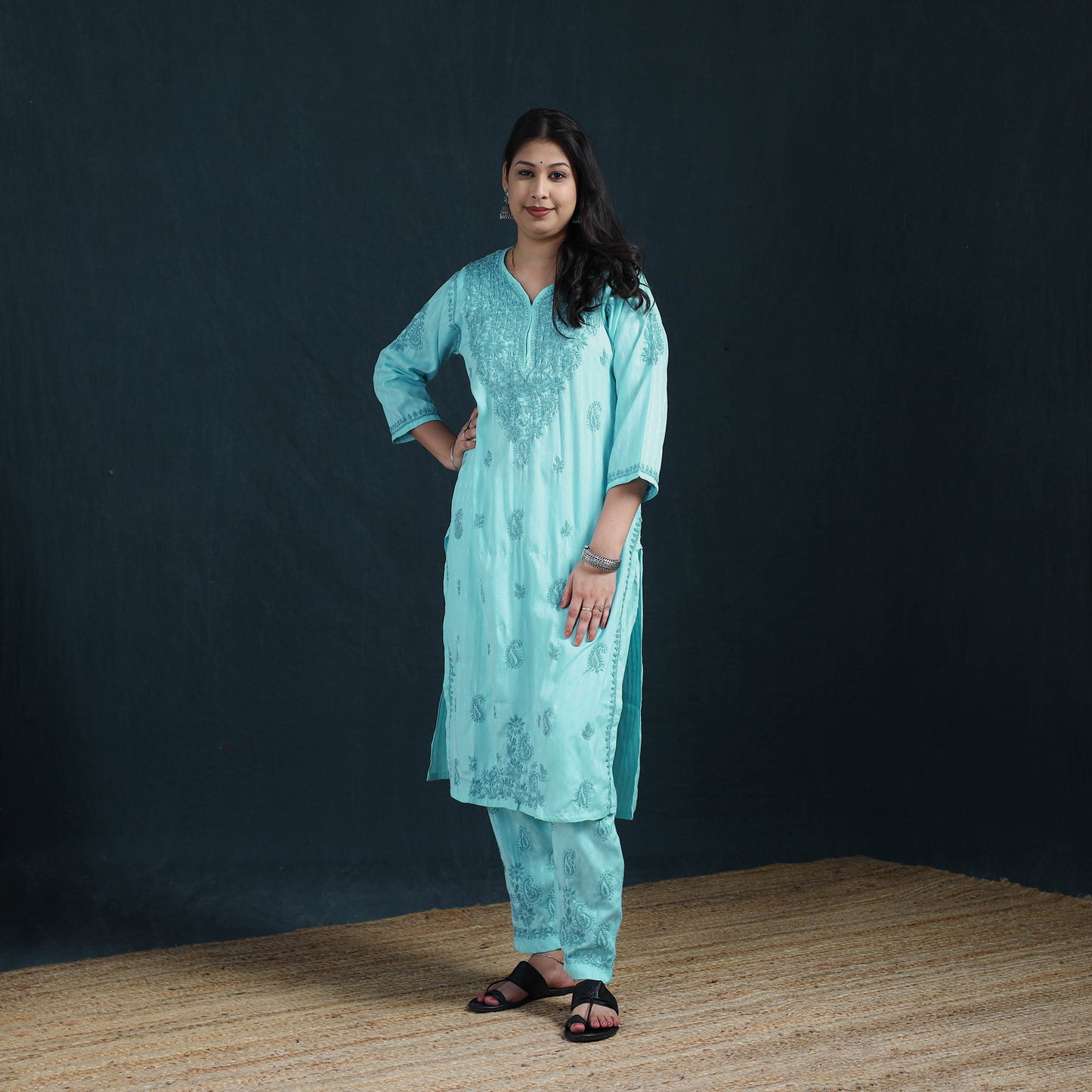 Blue - Hand Embroidered Rayon Cotton Chikankari Kurta with Pant Set for Women 38