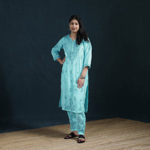 Blue - Hand Embroidered Rayon Cotton Chikankari Kurta with Pant Set for Women 38