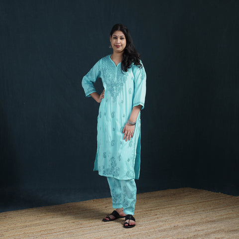 Blue - Hand Embroidered Rayon Cotton Chikankari Kurta with Pant Set for Women 38