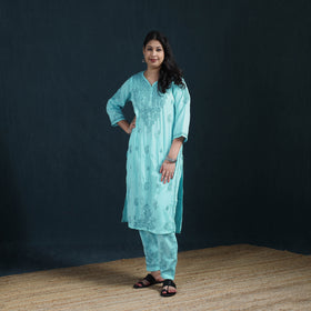 Blue - Hand Embroidered Rayon Cotton Chikankari Kurta with Pant Set for Women 38
