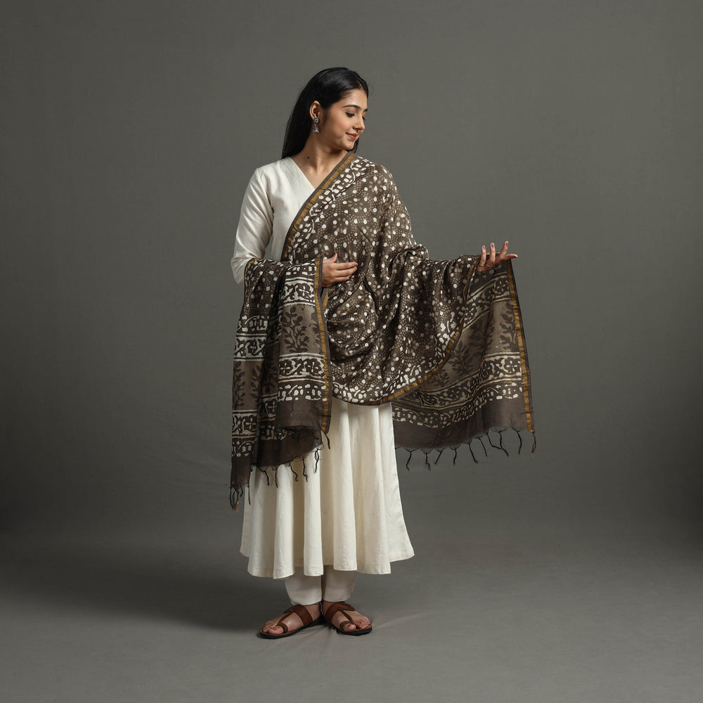 Brown - Block Printed Chanderi Silk Bagru Dupatta 69