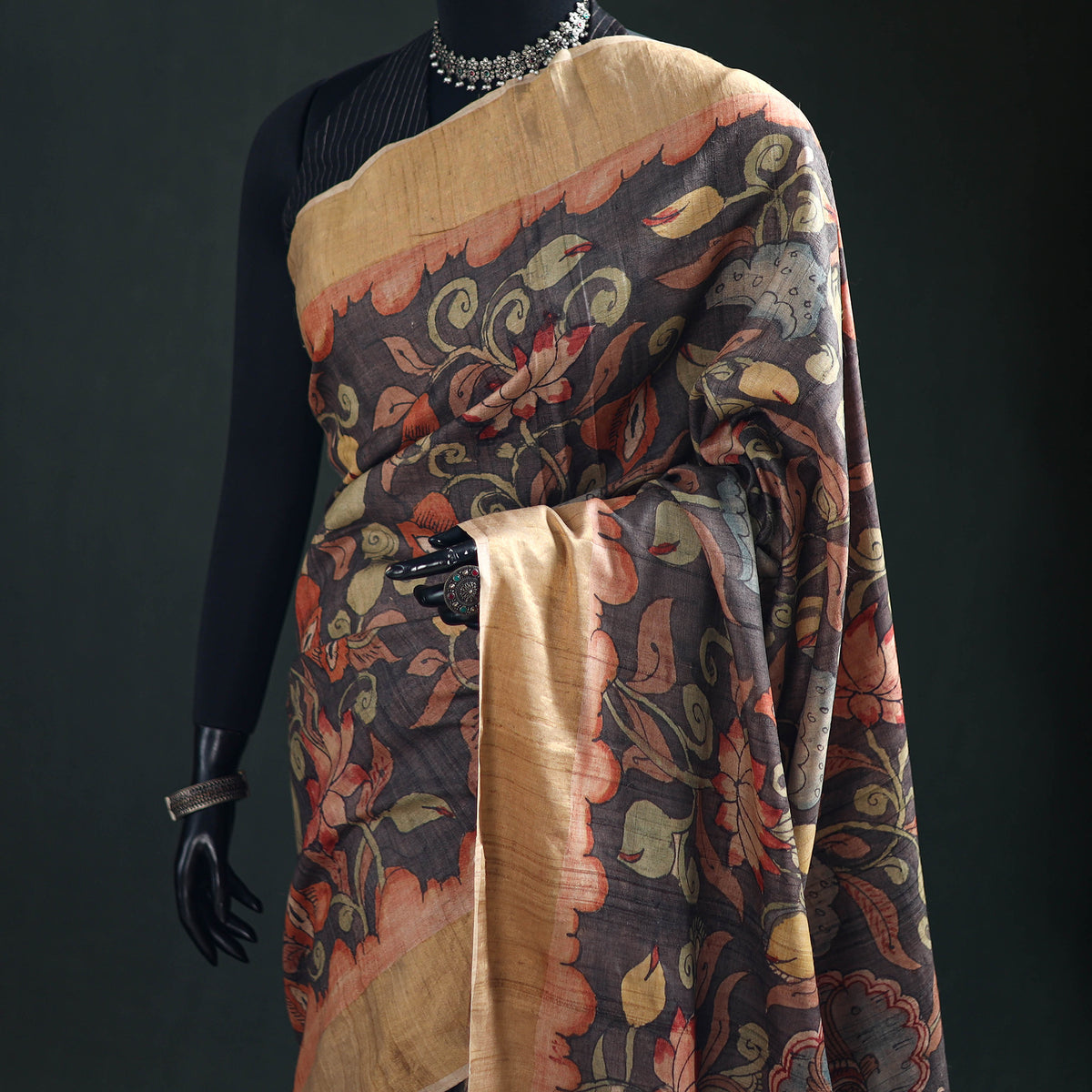 Pure Handloom Desi Tussar Silk Handpainted Srikalahasti Pen Kalamkari Saree with Zari Border 08