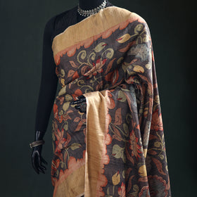 Pure Handloom Desi Tussar Silk Handpainted Srikalahasti Pen Kalamkari Saree with Zari Border 08