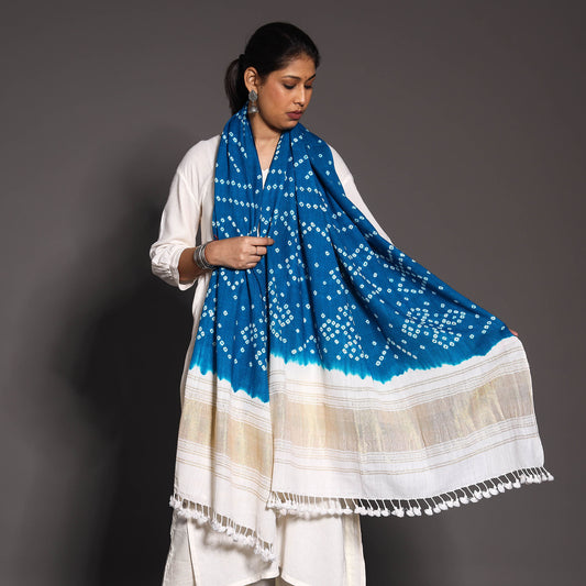 Blue - Kutch Handwoven Bandhani Tie-Dye Pure Woolen Shawl