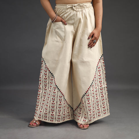 Off White - Kantha Hand Embroidery Palazzo in Cotton 30